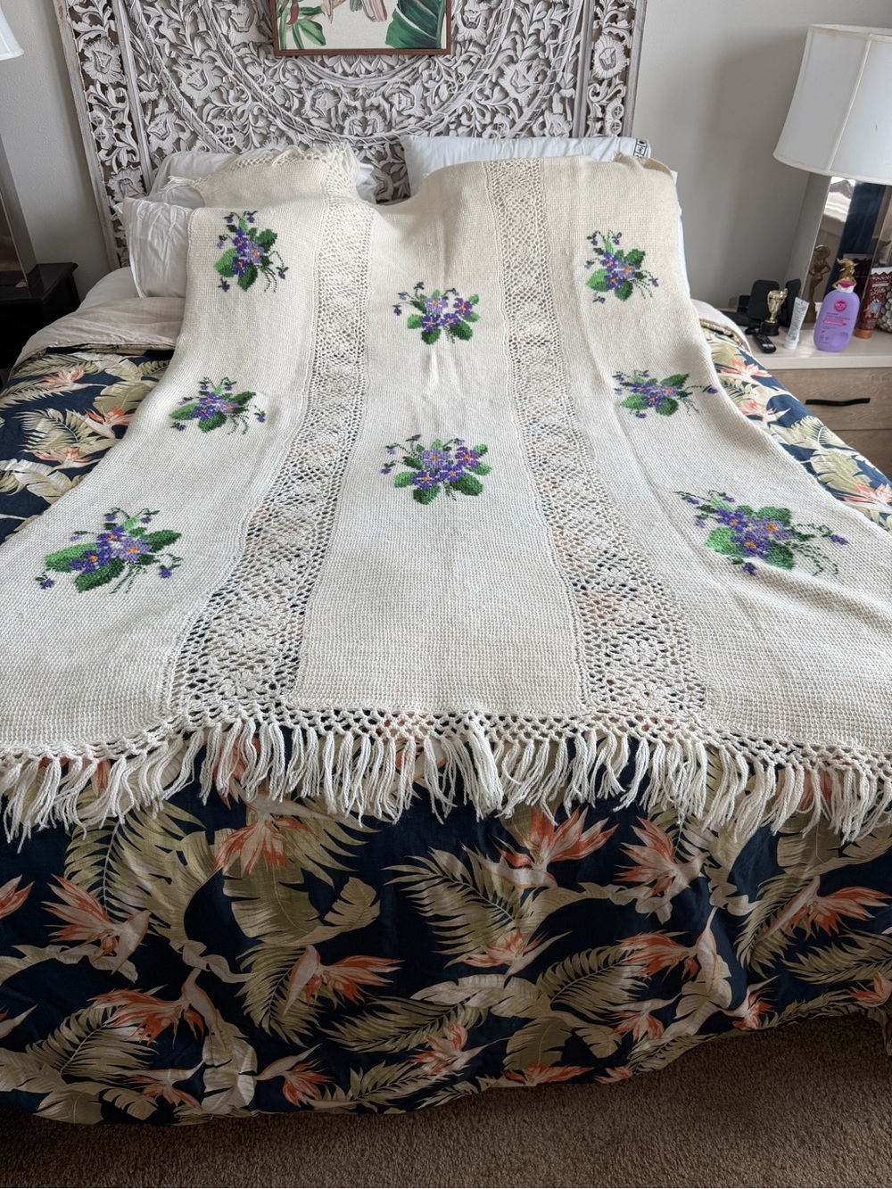 Cream Crochet Throw with Purple & Green Floral Embroidery